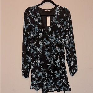 Francesca’s Floral Black Wrap Mini Dress M
